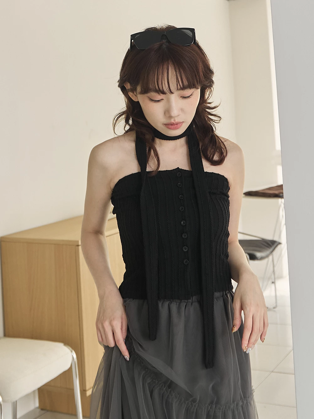 扭結坑條排扣平口背心-附綁帶