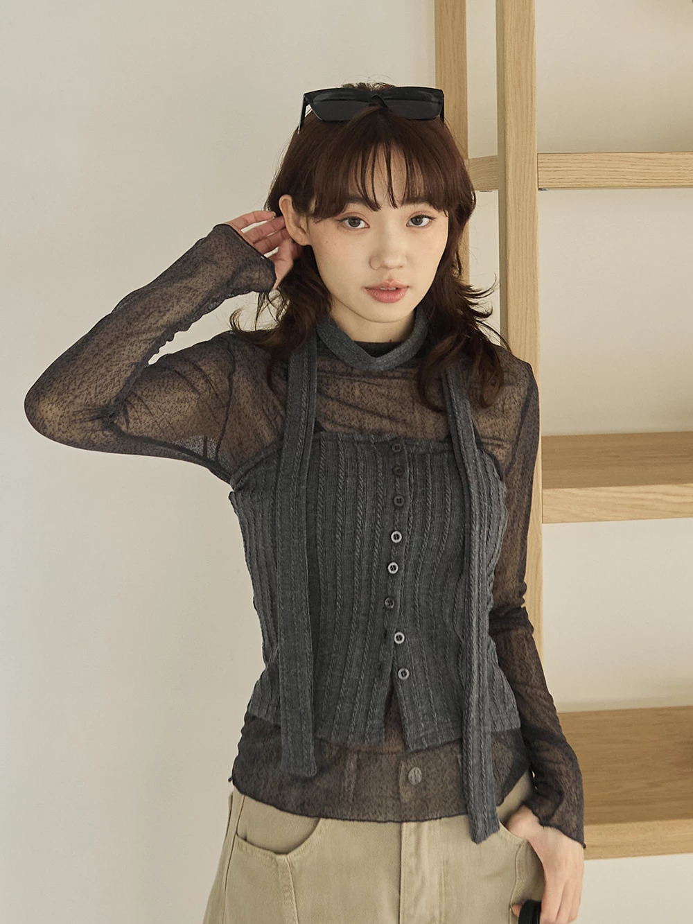 扭結坑條排扣平口背心-附綁帶