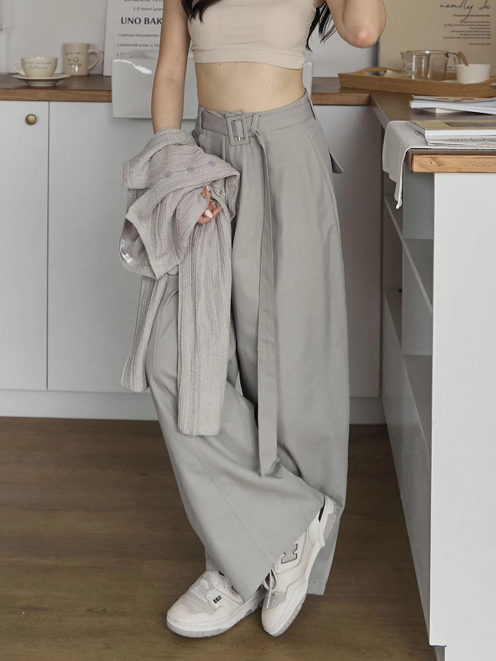 挺料斜紋打摺寬褲-附腰帶