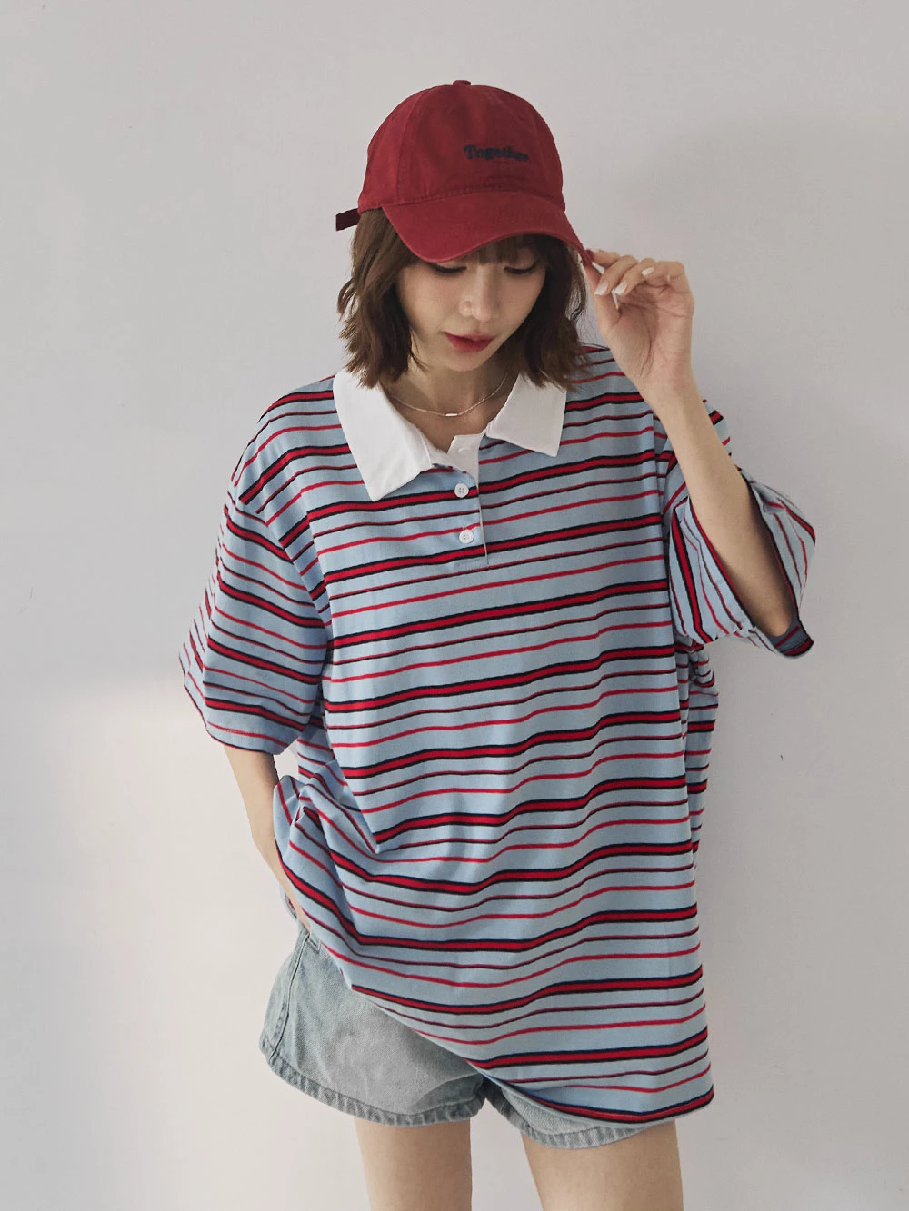 polo領條紋寬鬆上衣