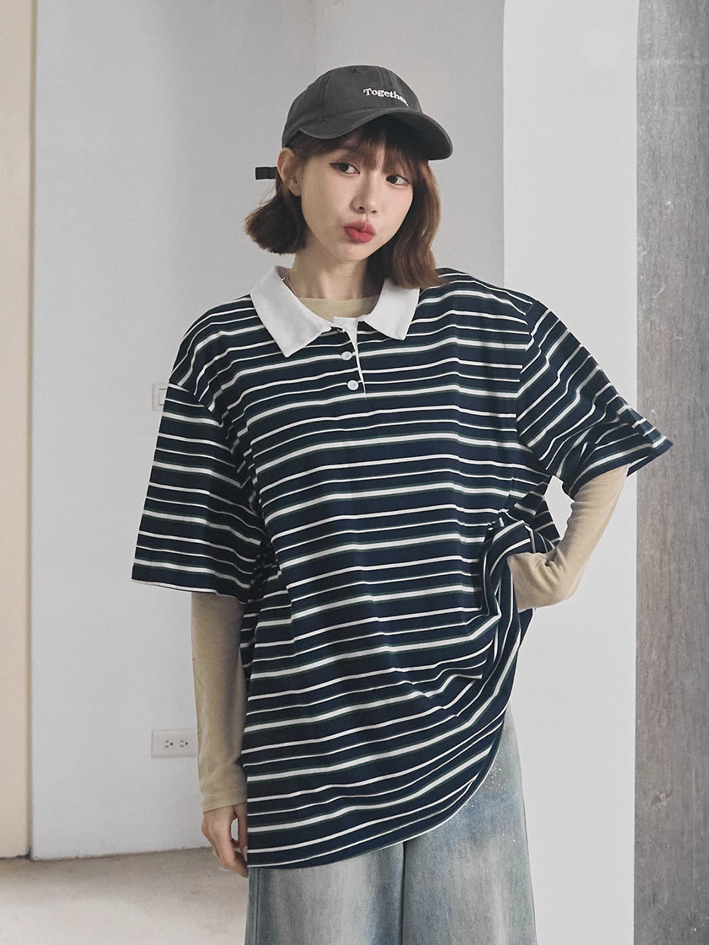 polo領條紋寬鬆上衣