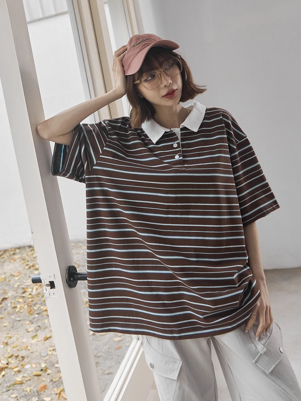 polo領條紋寬鬆上衣