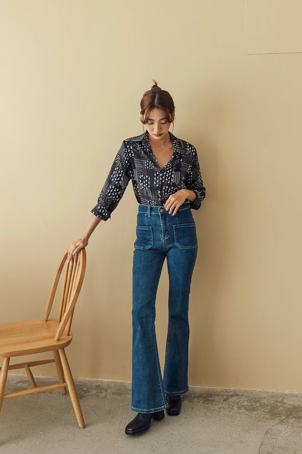 雙口袋彈性牛仔喇叭褲