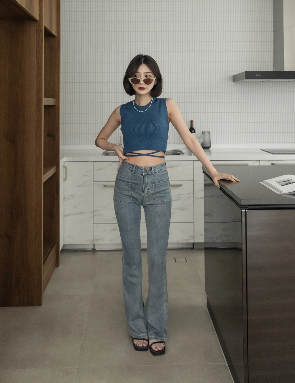 雙口袋彈性牛仔喇叭褲