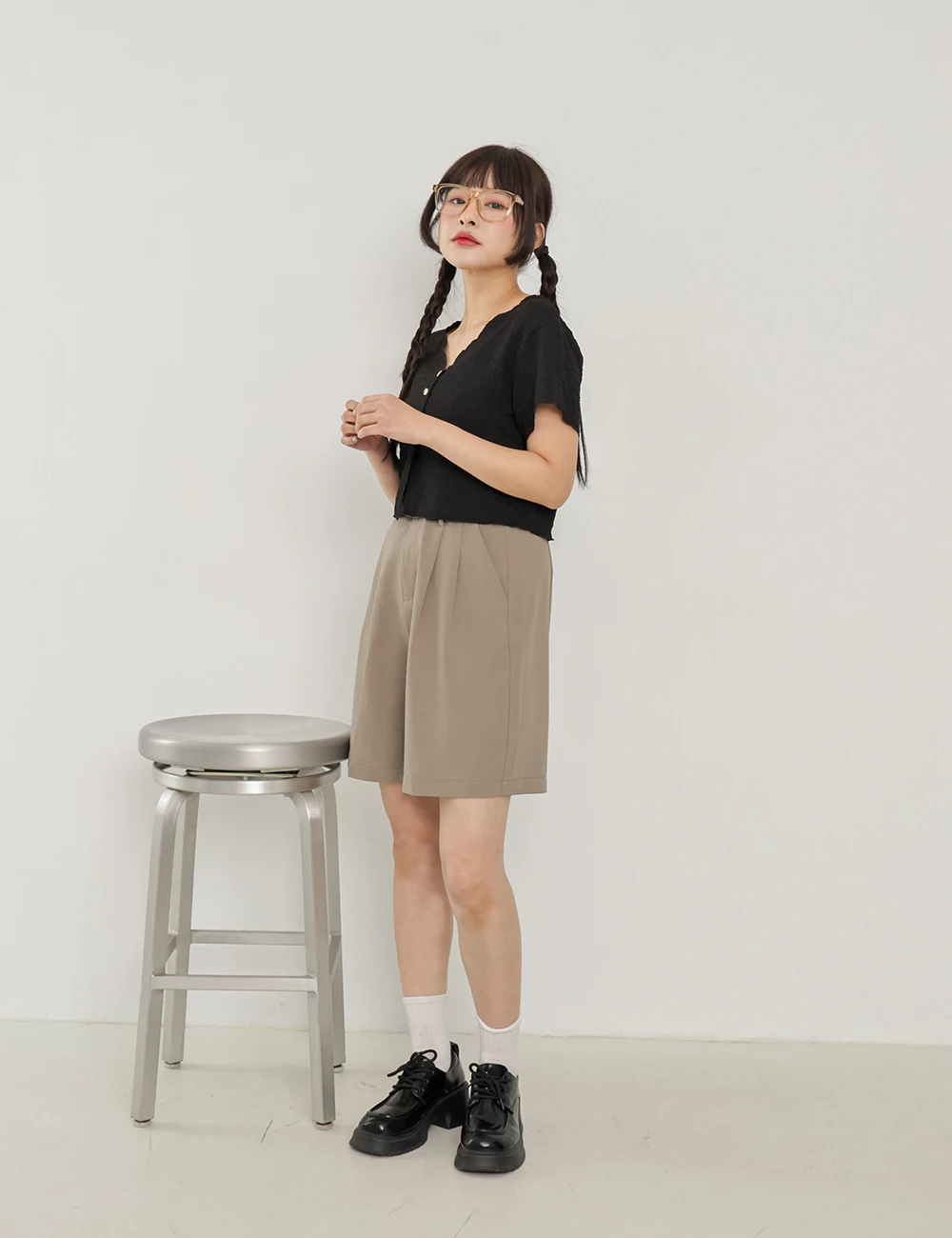 雪紡西裝五分褲-附皮帶