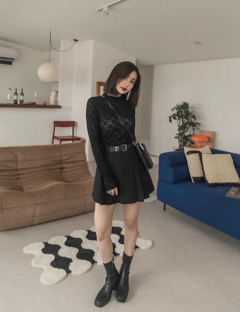 百褶短褲裙-附皮帶