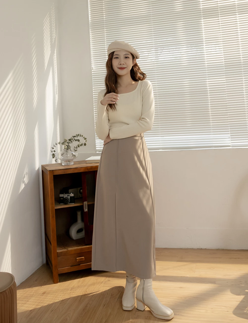 後開衩腰鬆緊長裙