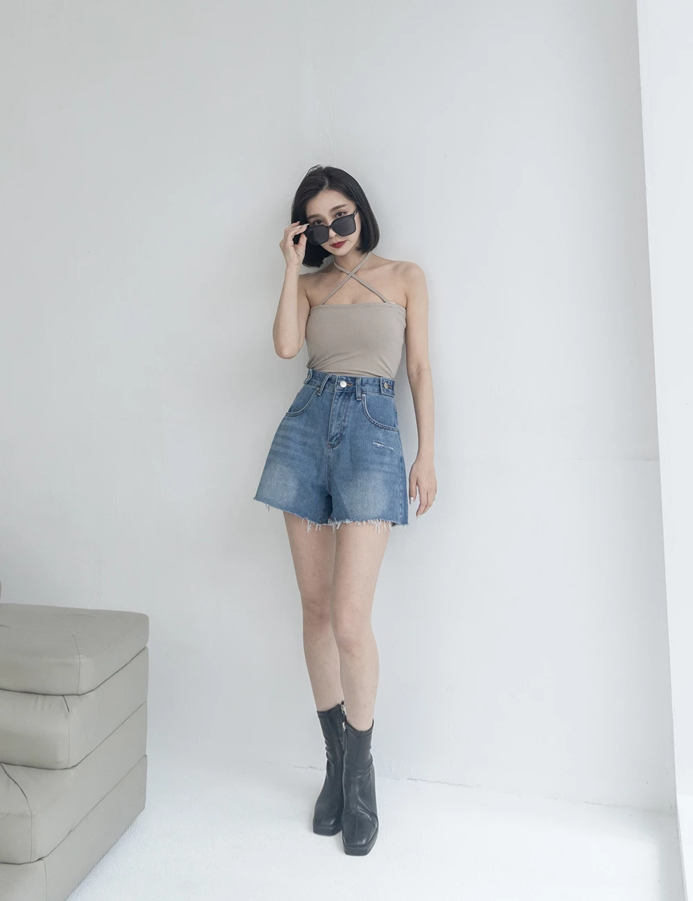調節釦高腰牛仔短褲