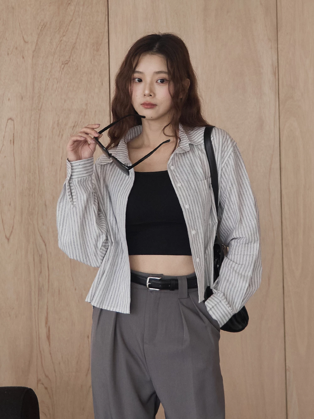 SPmade-條紋短版磨毛襯衫