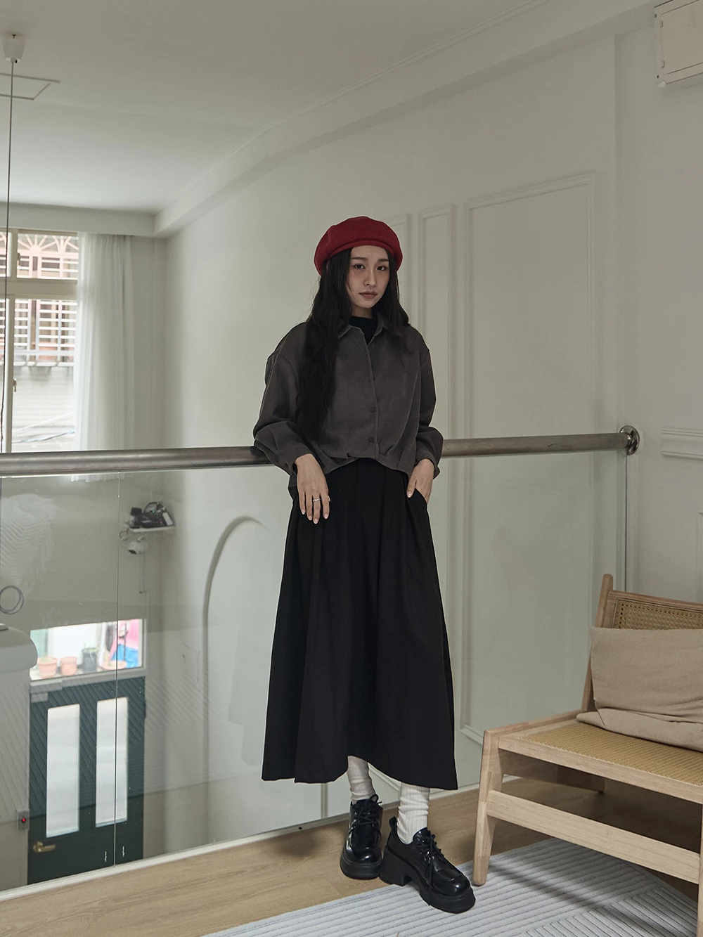 兩件式-立領背心+落肩襯衫