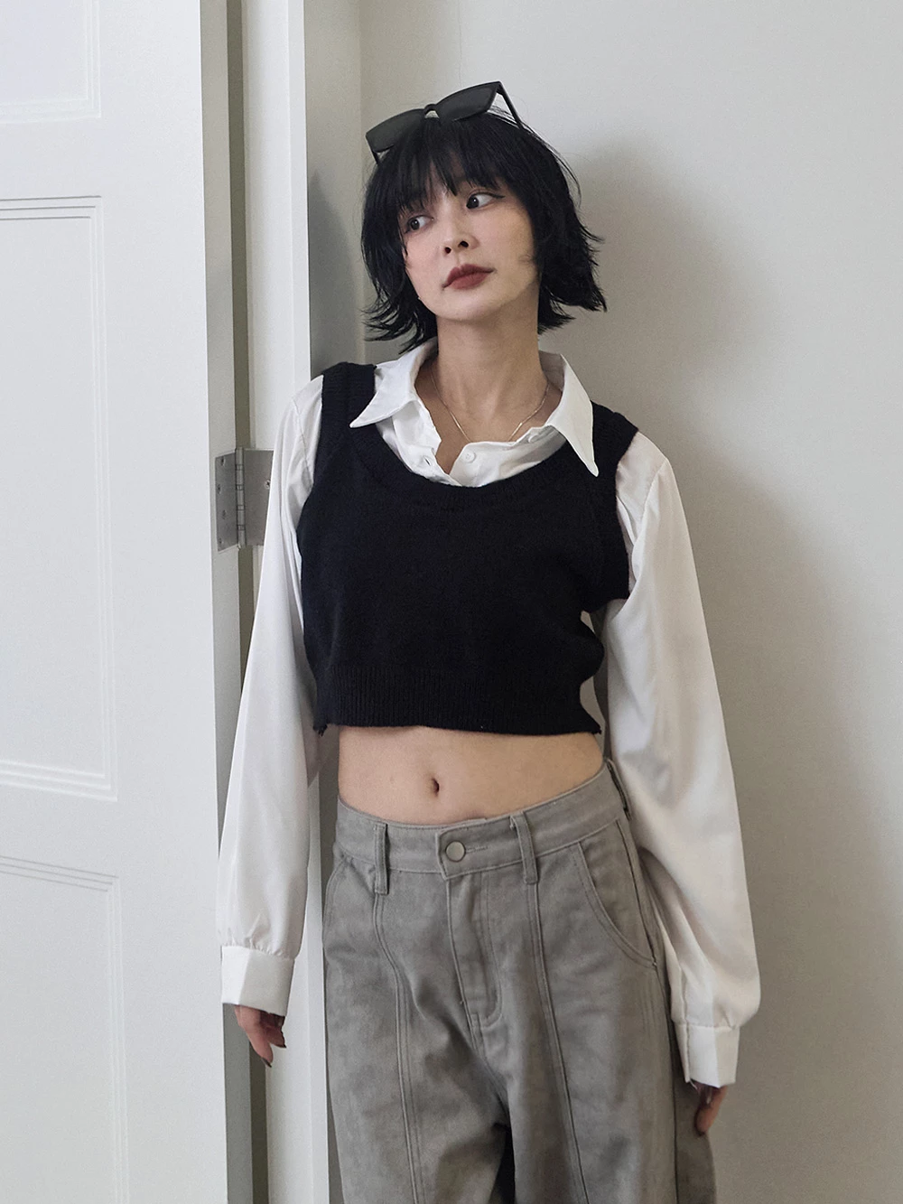 假兩件拼接短版襯衫