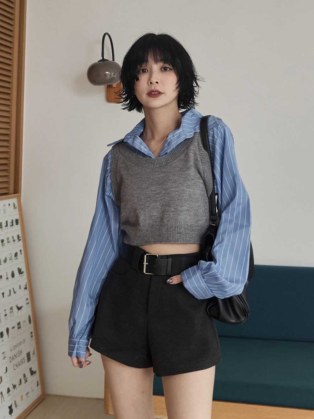 假兩件拼接短版襯衫