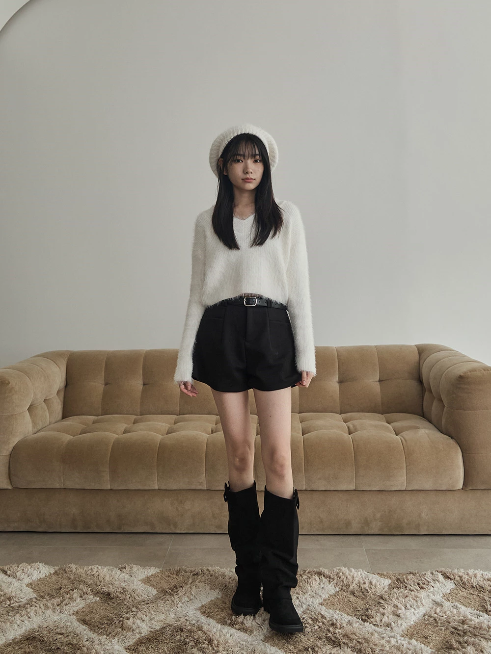 口袋毛呢短褲-附皮帶