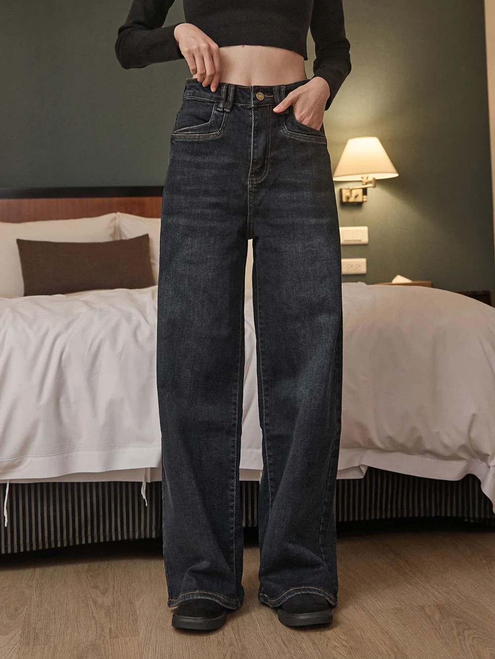 內磨毛牛仔寬褲