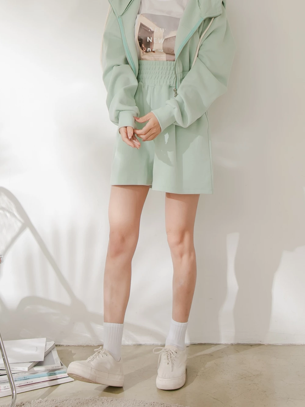 正韓-素面高腰鬆緊棉短褲