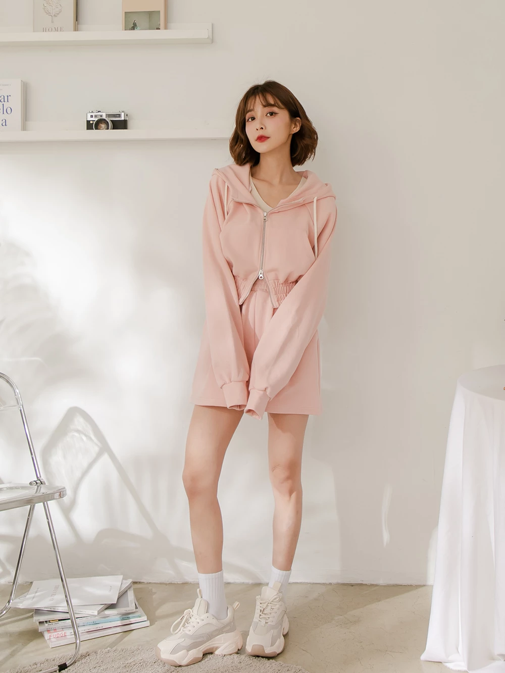 正韓-素面高腰鬆緊棉短褲