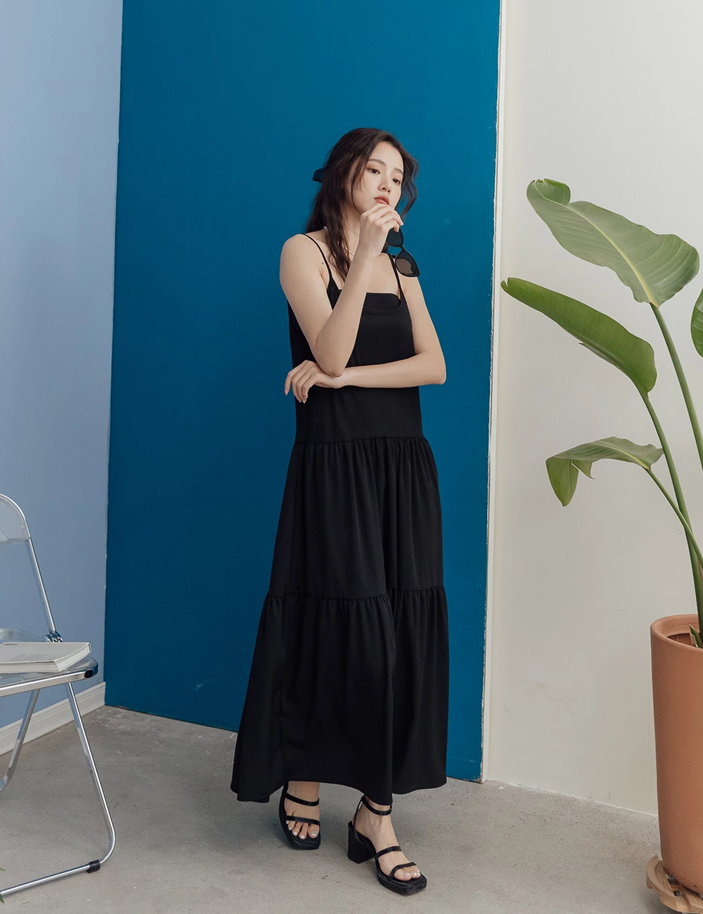 正韓-拼接細肩蛋糕裙