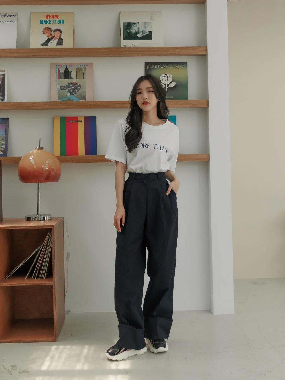 鬆緊腰挺版反折寬褲