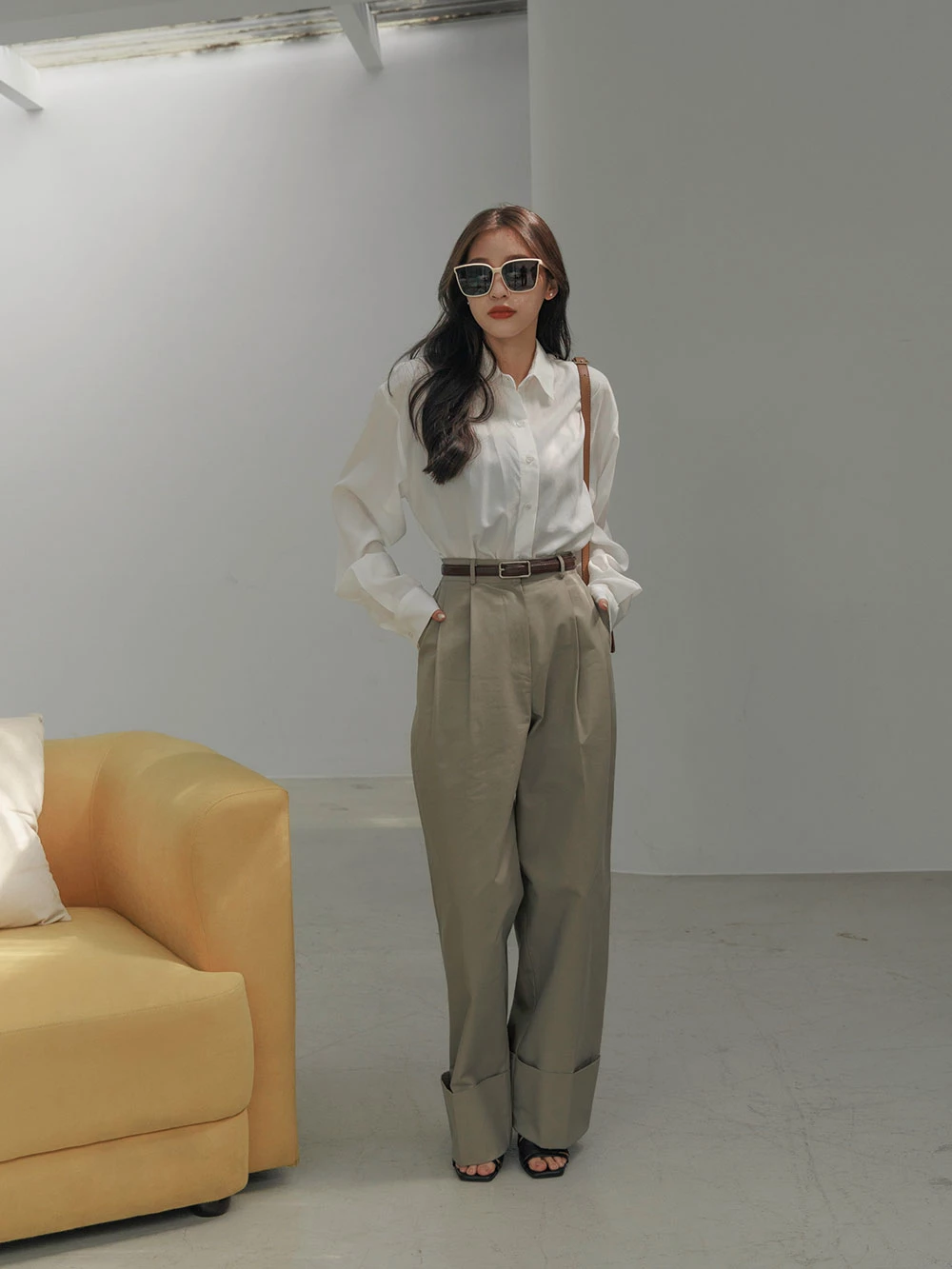 鬆緊腰挺版反折寬褲