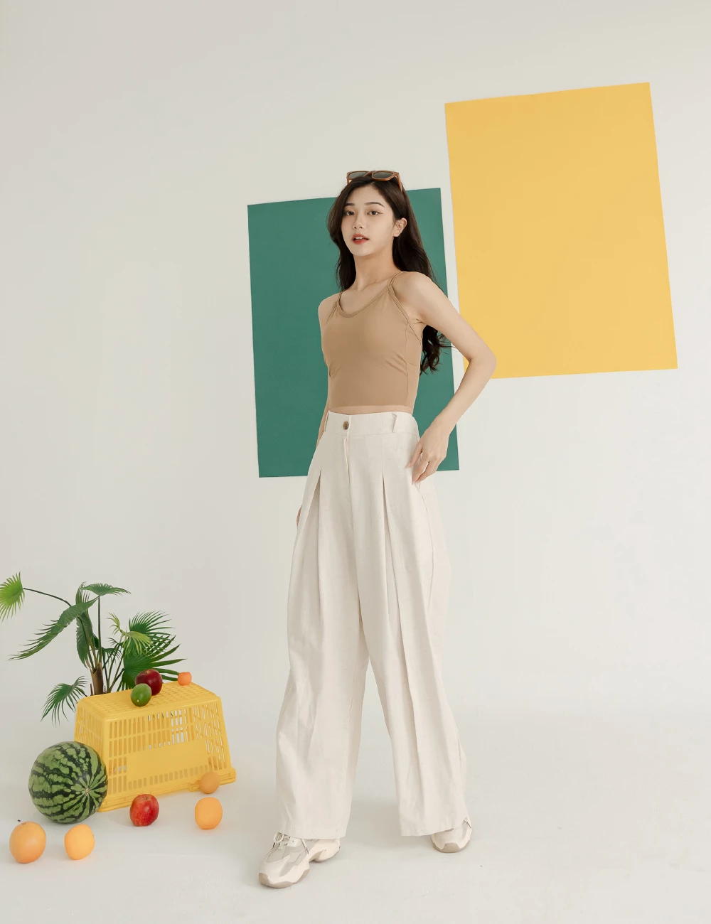 正韓-後腰鬆緊前打摺寬褲